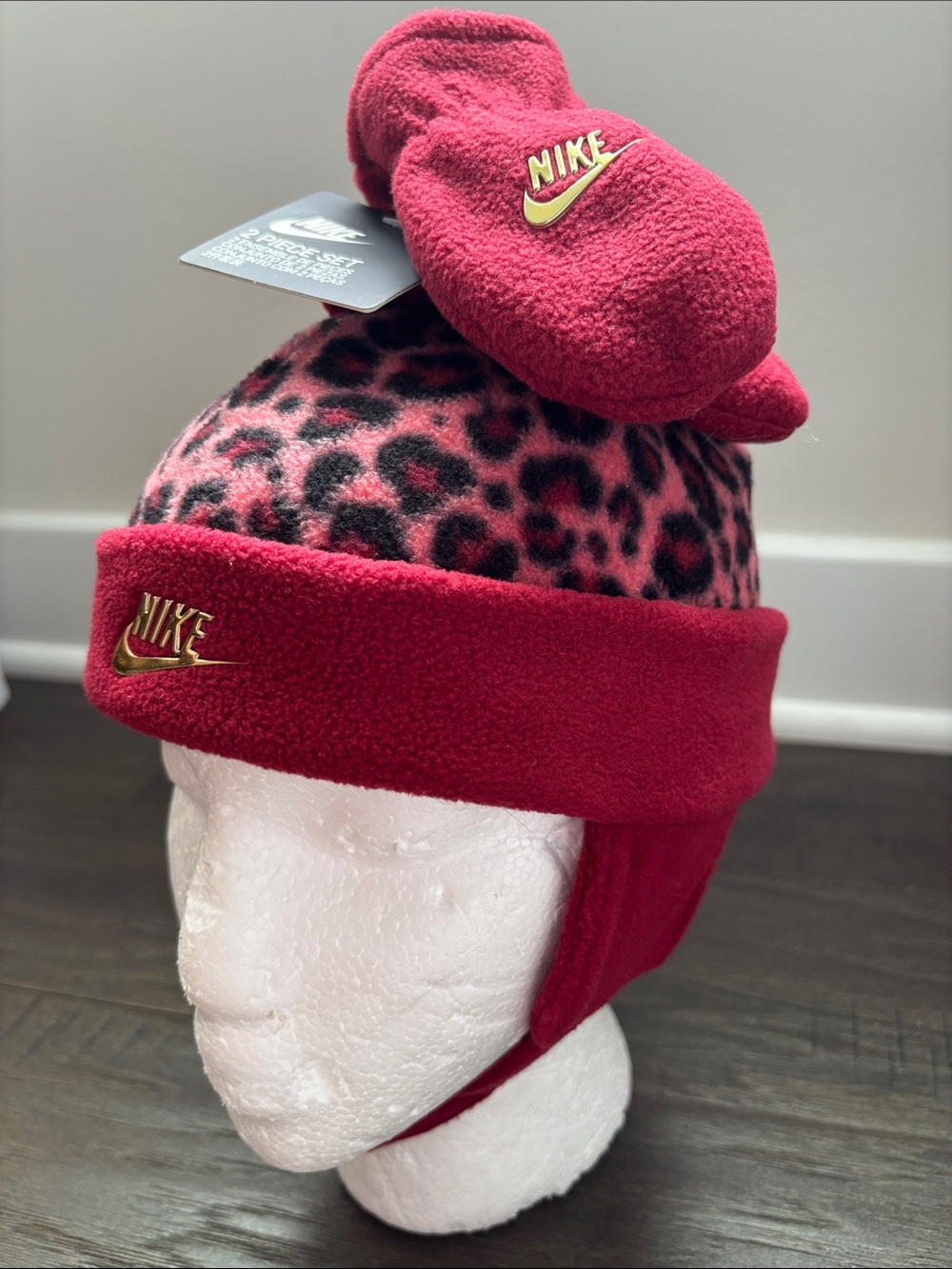 Nike Infant 2pc earflap/trapper hat & mitten,fleece,tonal logo,hook & loop chin